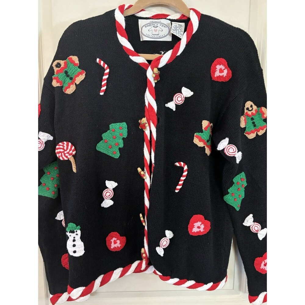Vtg Eagle’s Eye Ugly Christmas Sweater Cardigan Med Gingerbread Teacher Y2K